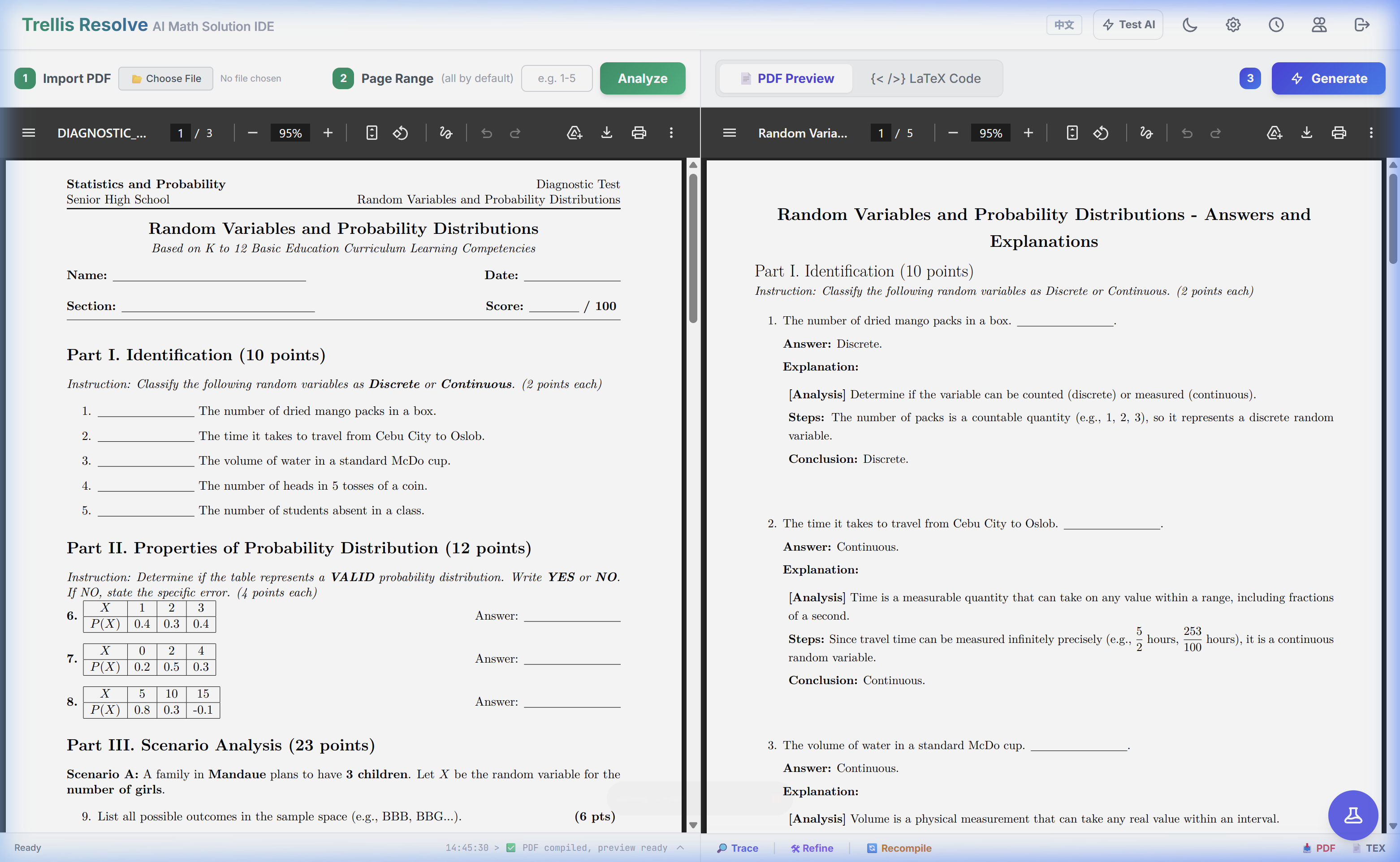 Trellis Resolve workspace with original paper on the left and generated solutions plus PDF output on the right